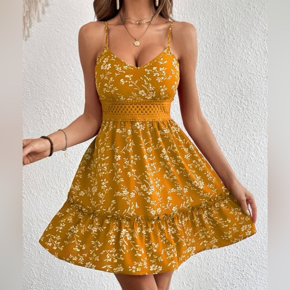 SHEIN VCAY Ditsy Floral Print Ruffle Hem Cami Dress Size/XL Mustard Yellow
